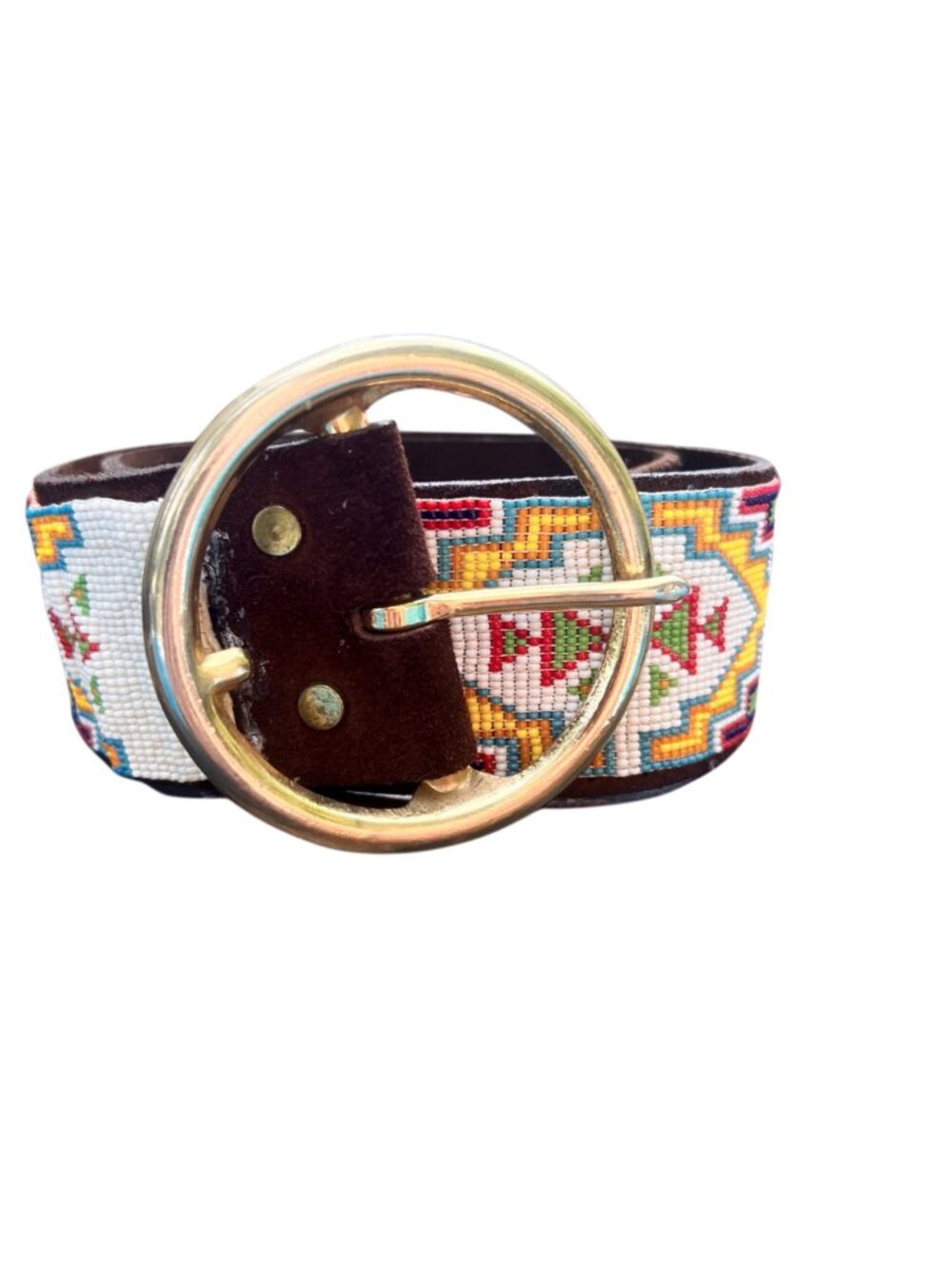 Handcrafted Beaded Leather Belt With Brass Buckle Vintage Southwestern Design